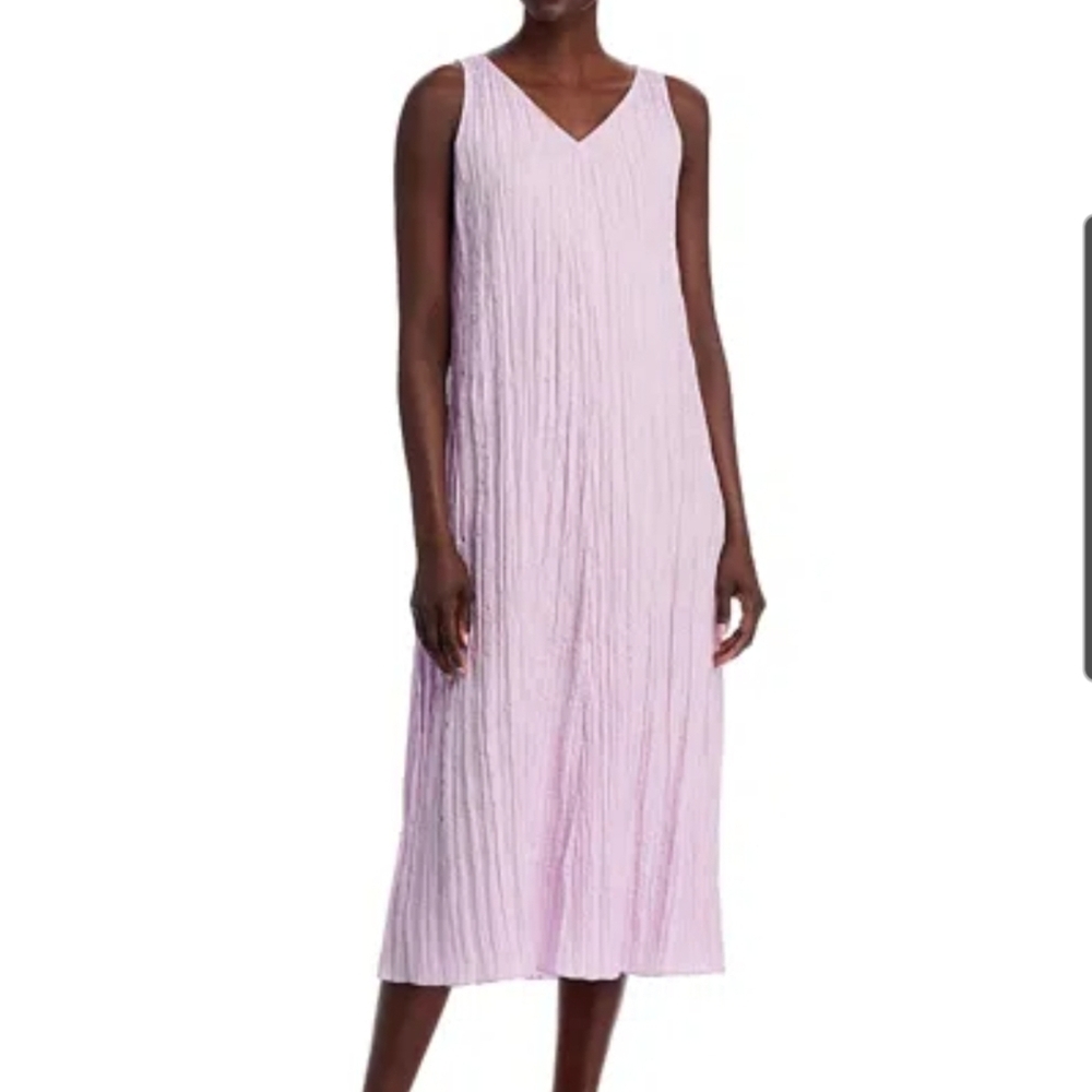 Eileen Fisher Crushed Silk V Neck Midi Dress Size Small NWT $328 Wild Orchid